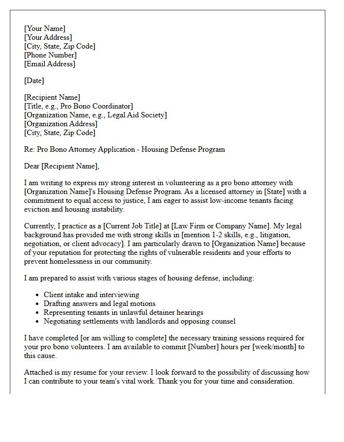 Housing Defense Pro Bono Attorney Cover Letter
