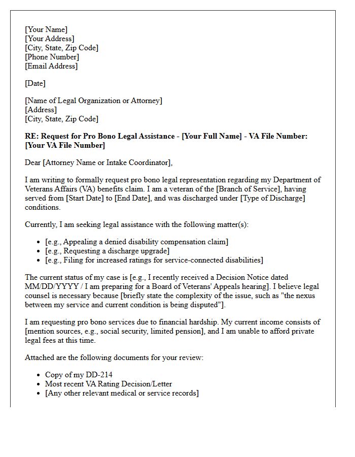 Veterans Affairs Pro Bono Legal Counsel Letter