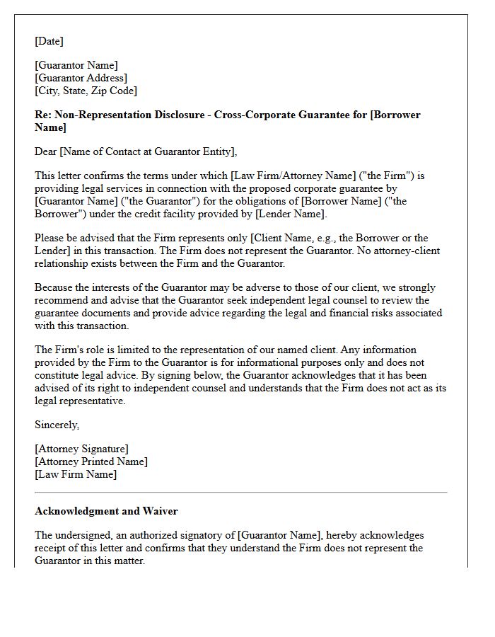 Cross-Corporate Guarantor Non-Representation Letter