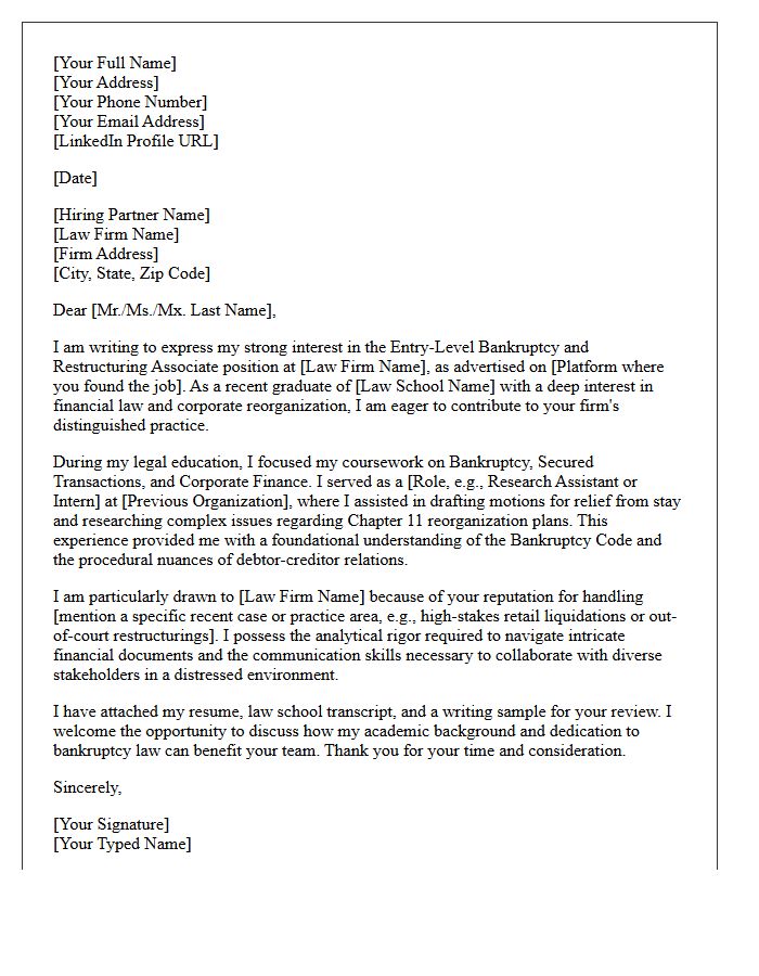 Entry-Level Bankruptcy and Restructuring Associate Cover Letter