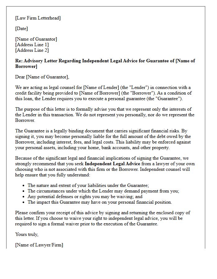 Guarantor Independent Counsel Advisory Letter