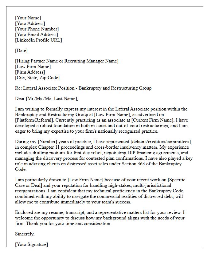 Lateral Move Bankruptcy and Restructuring Associate Cover Letter