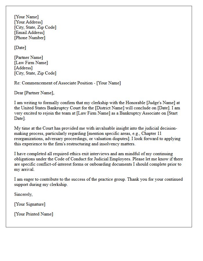 Post-Clerkship Bankruptcy Associate Transition Letter