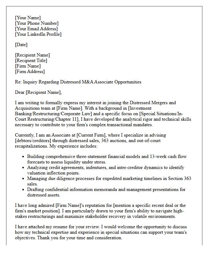 Distressed Mergers and Acquisitions Associate Inquiry Letter