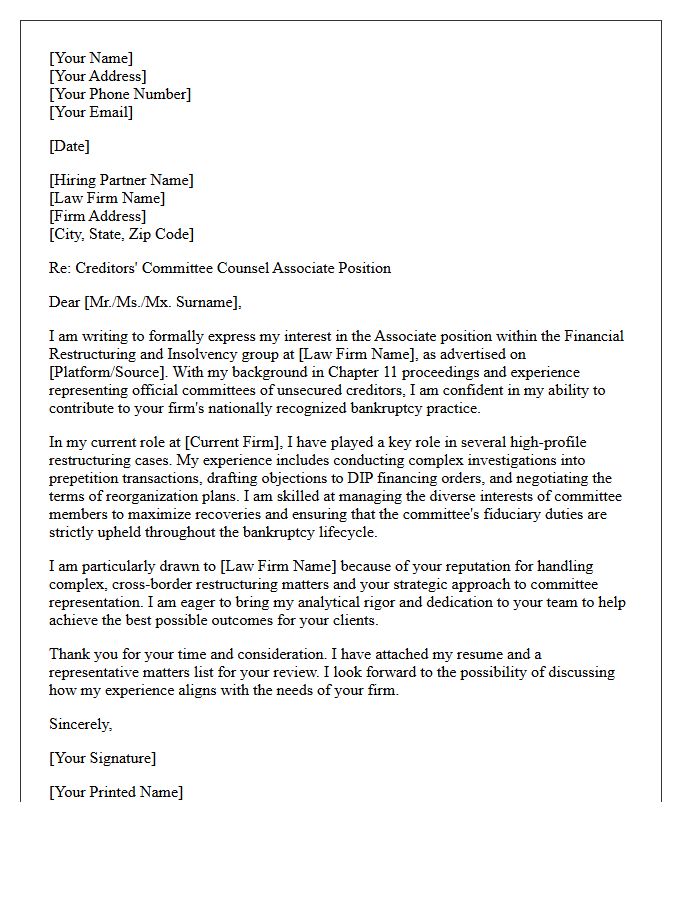 Creditors Committee Counsel Associate Cover Letter