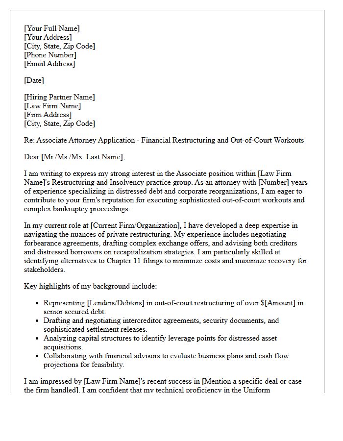 Out-of-Court Workout Bankruptcy Associate Cover Letter
