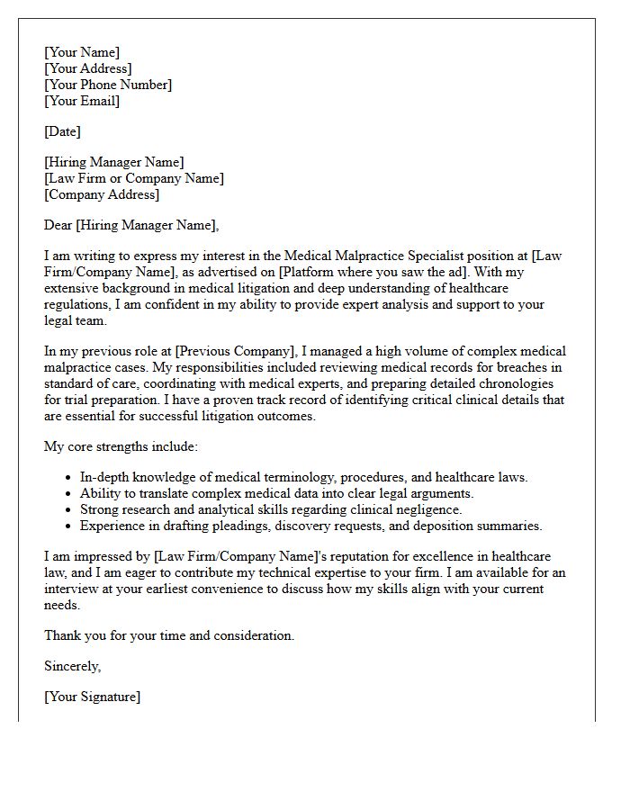 Medical Malpractice Specialist Cover Letter