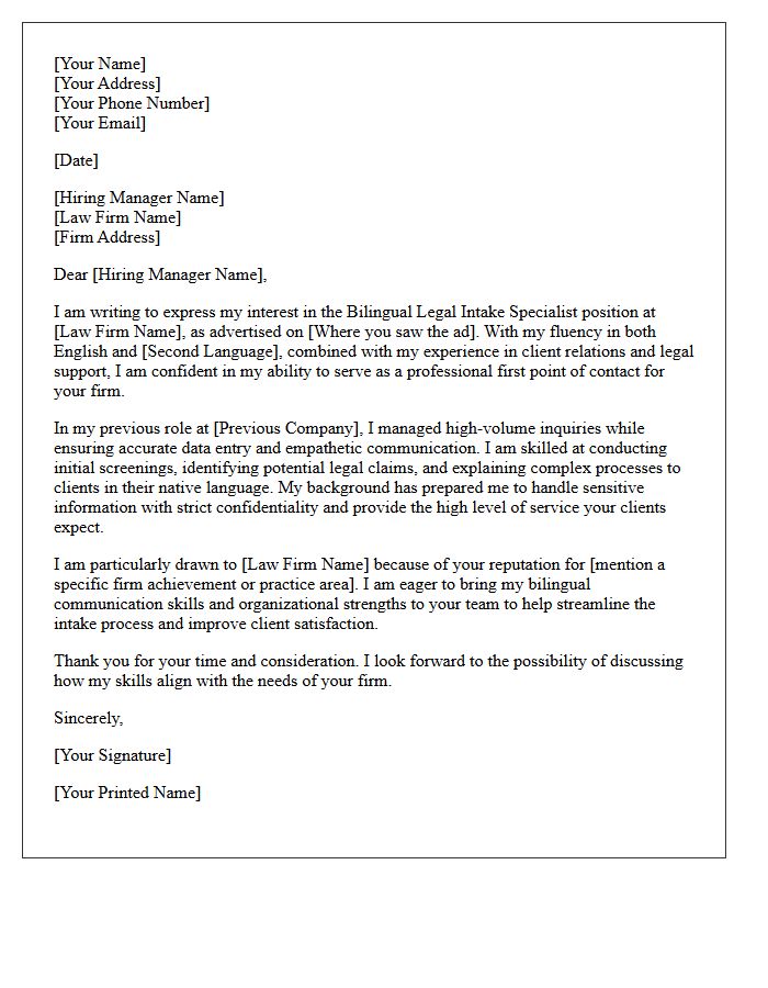 Bilingual Legal Intake Specialist Cover Letter