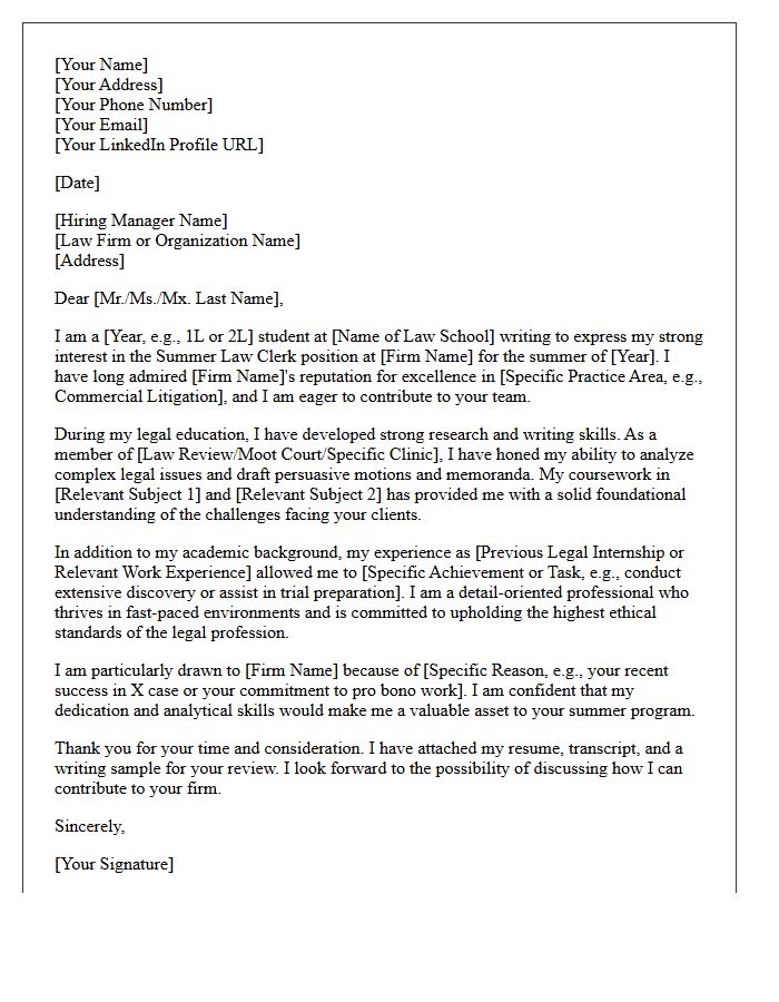 Summer Law Clerk Cover Letter