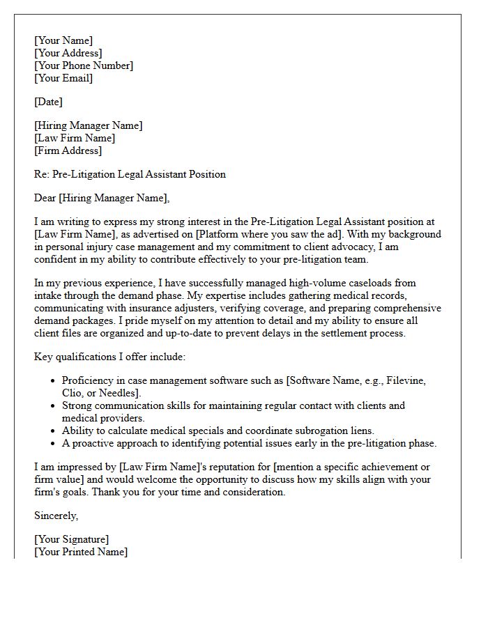 Pre-Litigation Legal Assistant Cover Letter