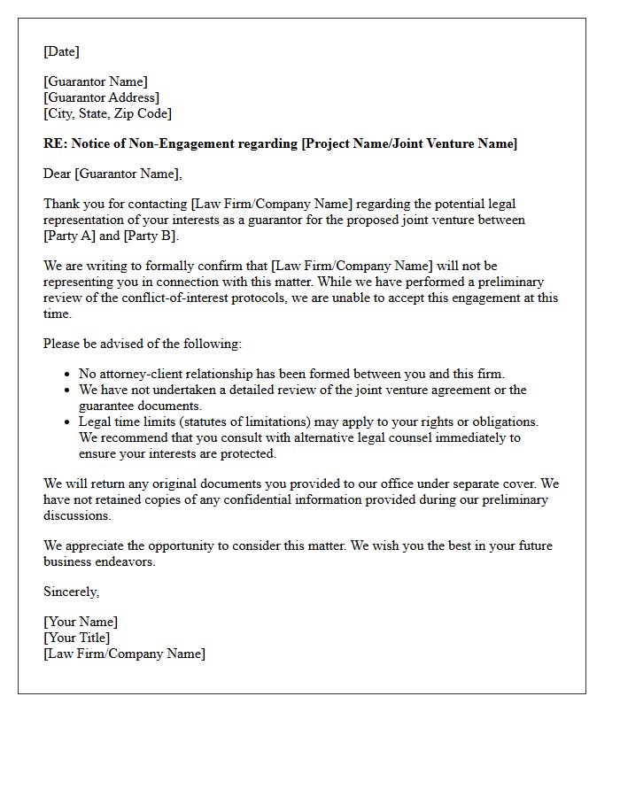 Joint Venture Guarantor Non-Engagement Letter