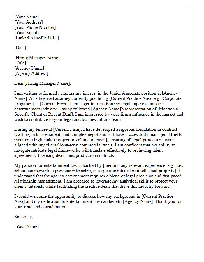 Junior Associate Entertainment Law Agency Transition Cover Letter
