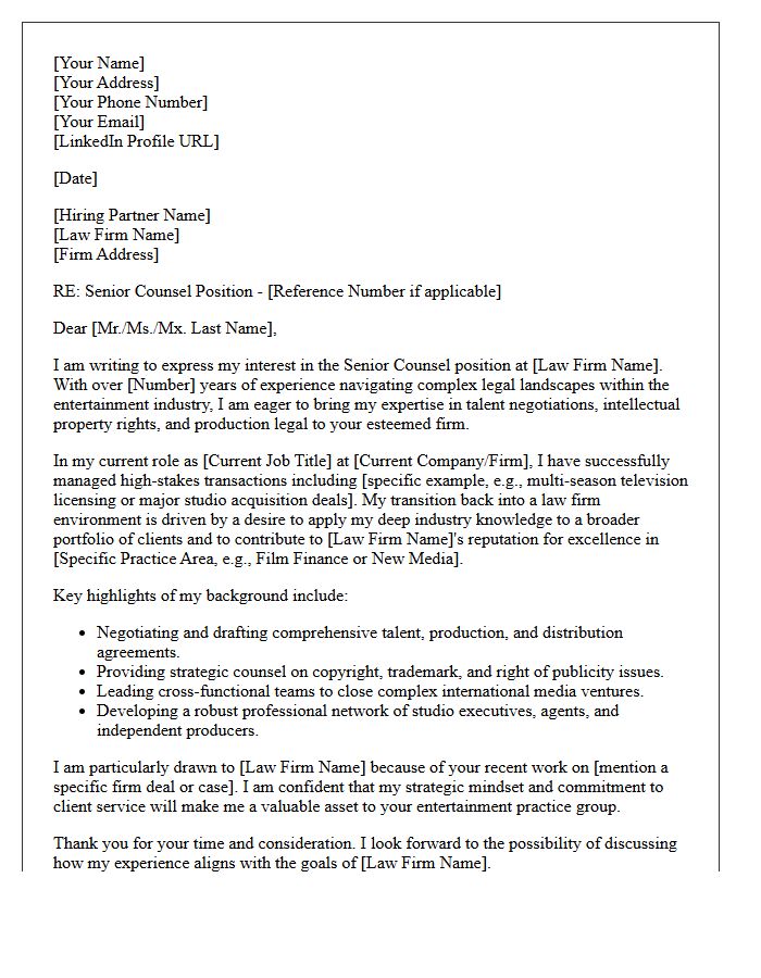 Senior Counsel Entertainment Law Firm Transition Cover Letter