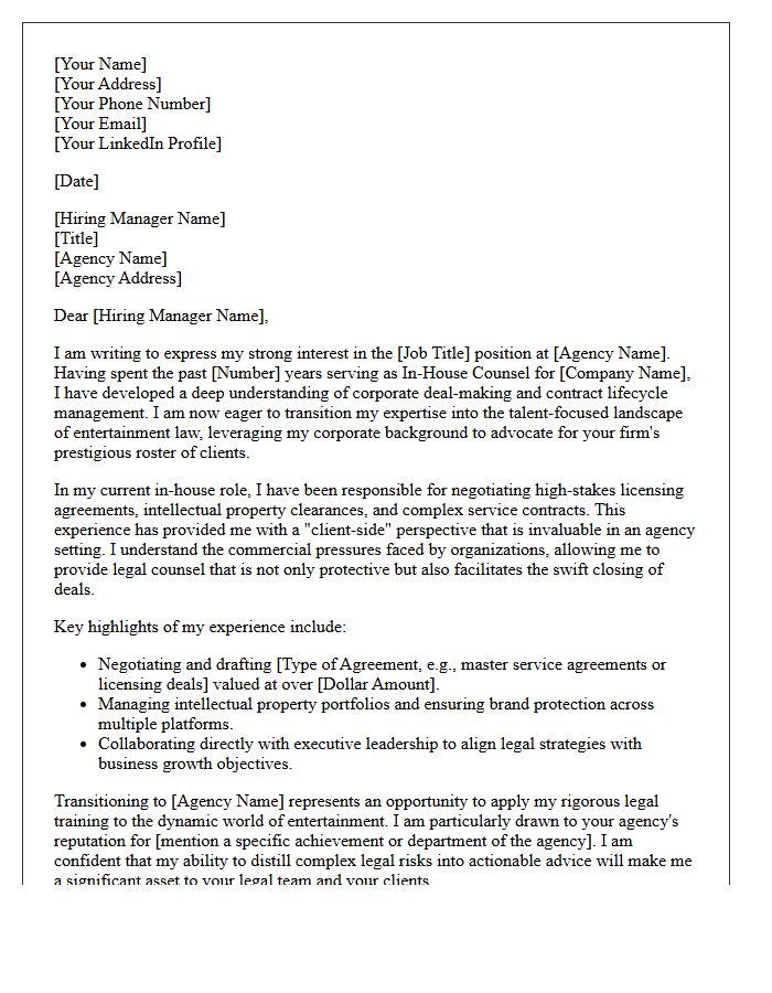 In-House Legal To Entertainment Law Agency Transition Cover Letter