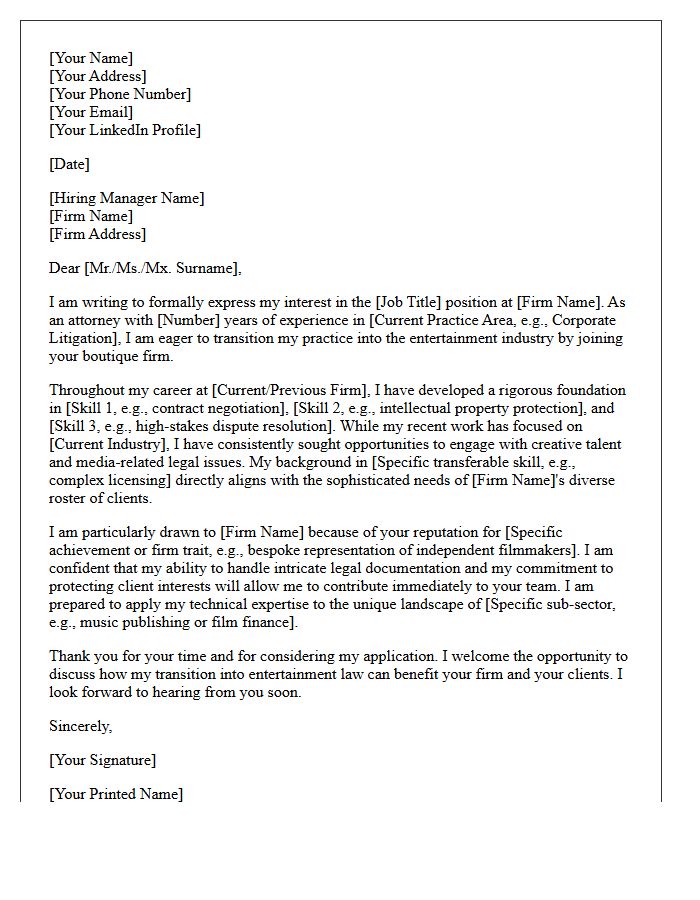 Boutique Entertainment Law Agency Transition Cover Letter