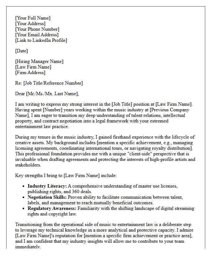Music Industry To Entertainment Law Firm Transition Cover Letter