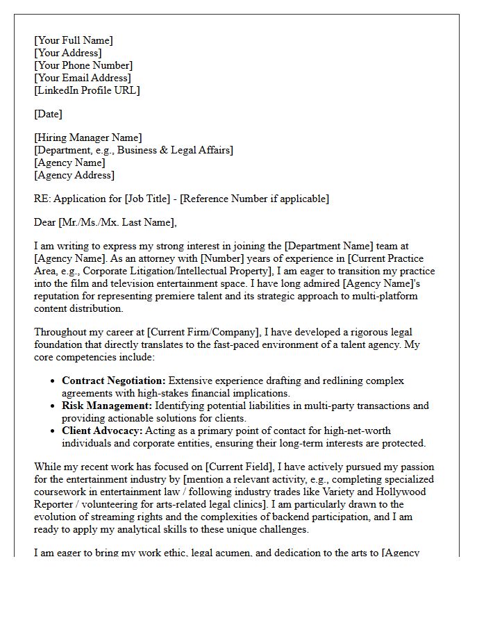 Film And Television Entertainment Law Agency Transition Cover Letter