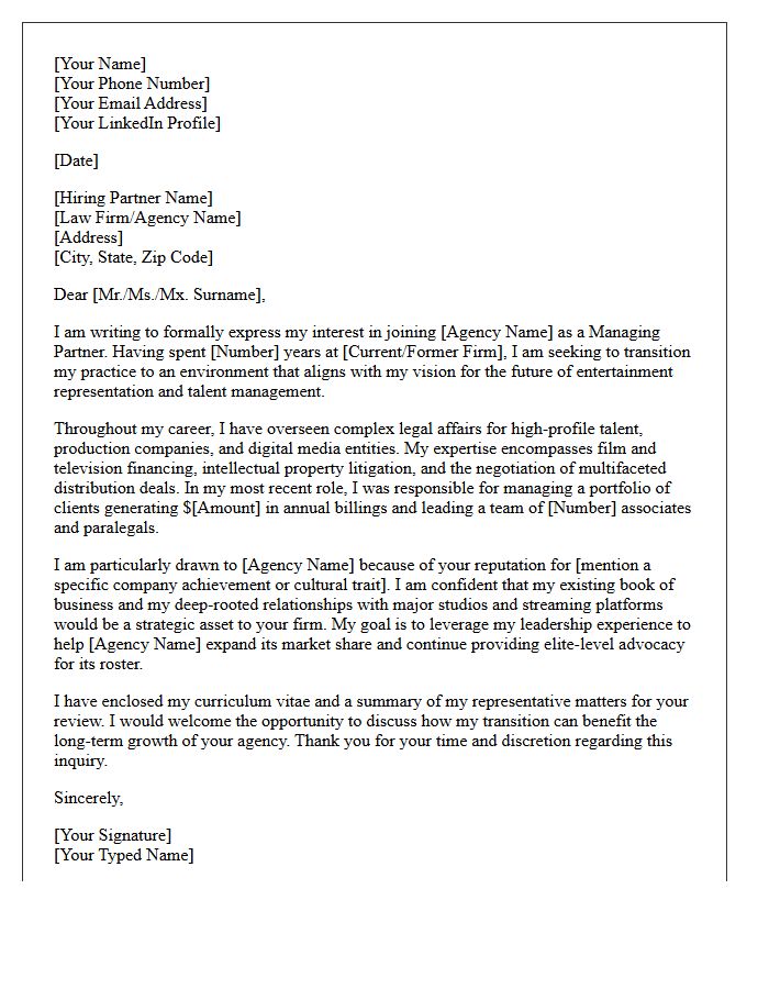 Managing Partner Entertainment Law Agency Transition Cover Letter