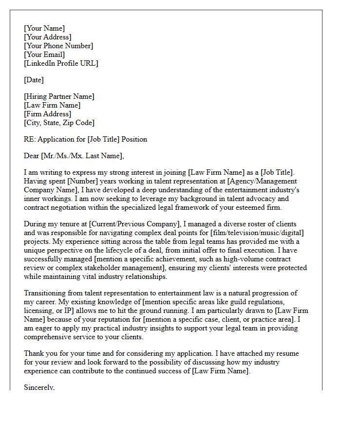 Talent Representation To Entertainment Law Firm Transition Cover Letter