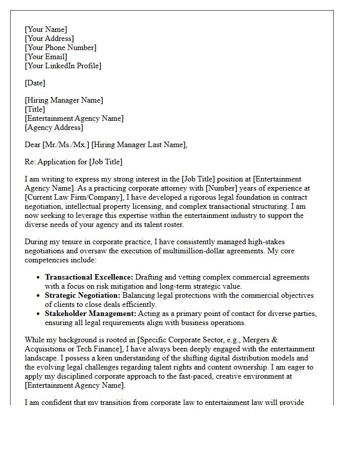 Corporate Practice To Entertainment Law Agency Transition Cover Letter