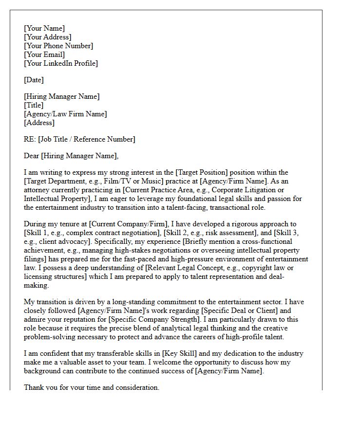 Entertainment Law Agency Cross-Practice Transition Cover Letter