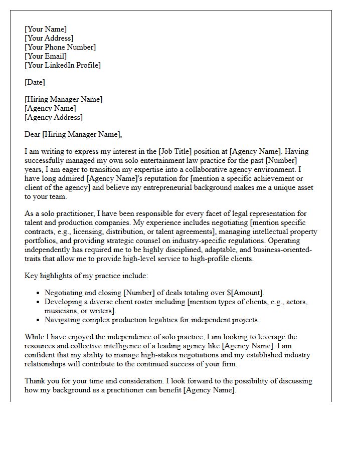 Solo Practitioner To Entertainment Law Agency Transition Cover Letter