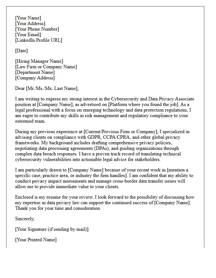 Cybersecurity and Data Privacy Associate Cover Letter