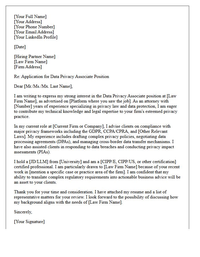 Law Firm Data Privacy Associate Application Letter