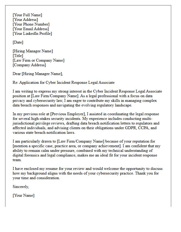 Cyber Incident Response Legal Associate Cover Letter