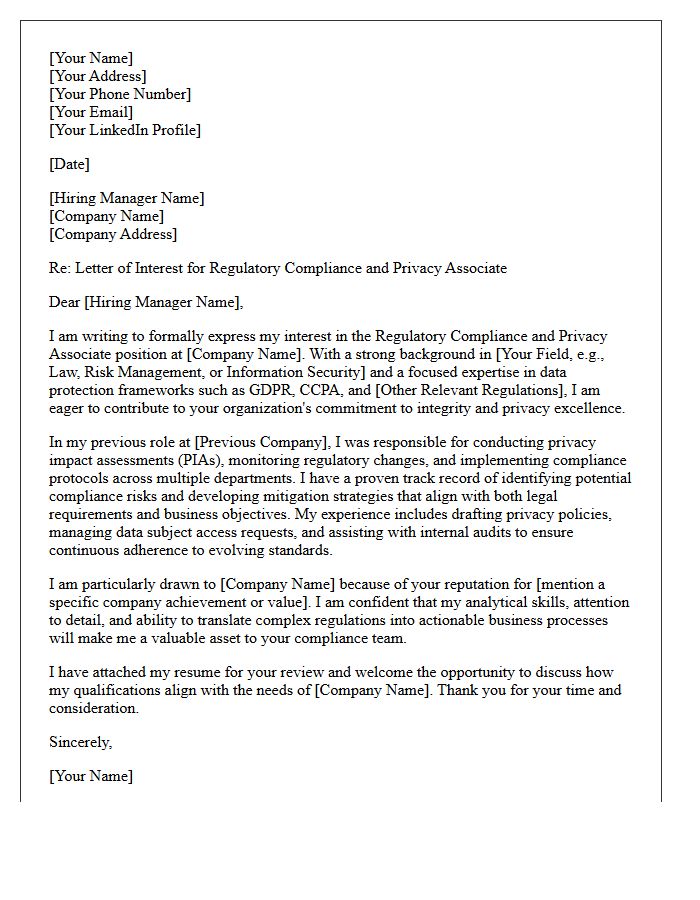 Regulatory Compliance and Privacy Associate Letter of Interest