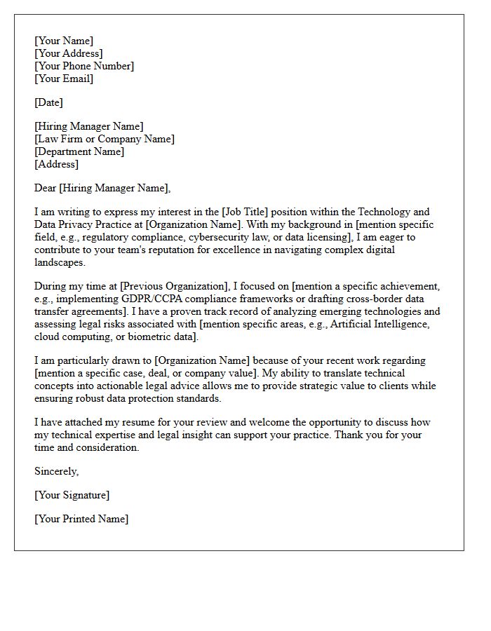 Technology and Data Privacy Practice Cover Letter