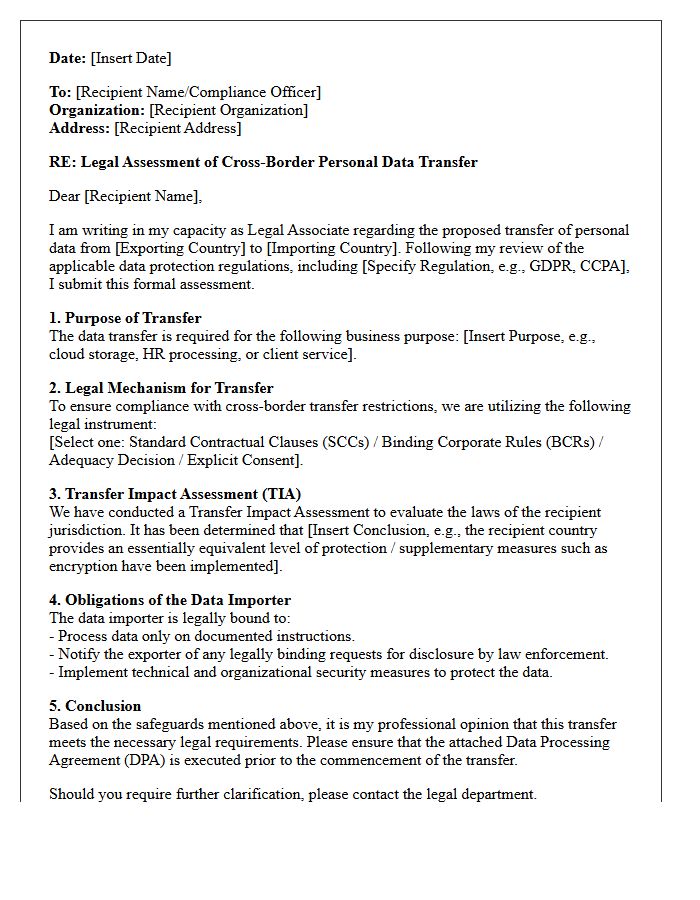 Cross-Border Data Transfer Legal Associate Letter