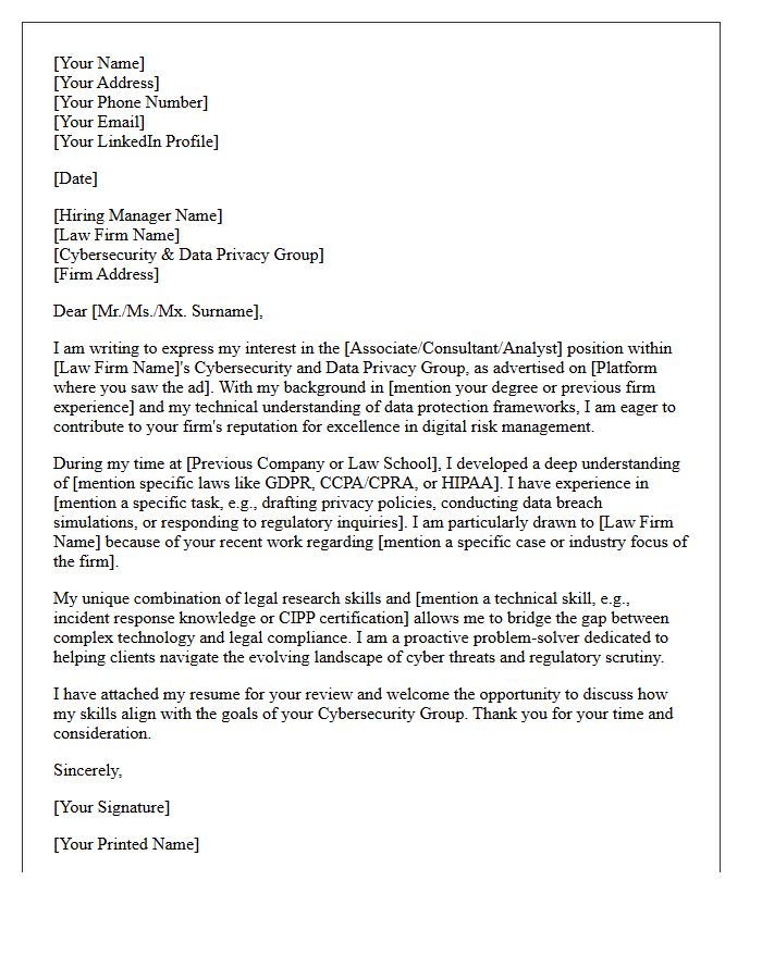 Law Firm Cybersecurity Group Candidate Cover Letter