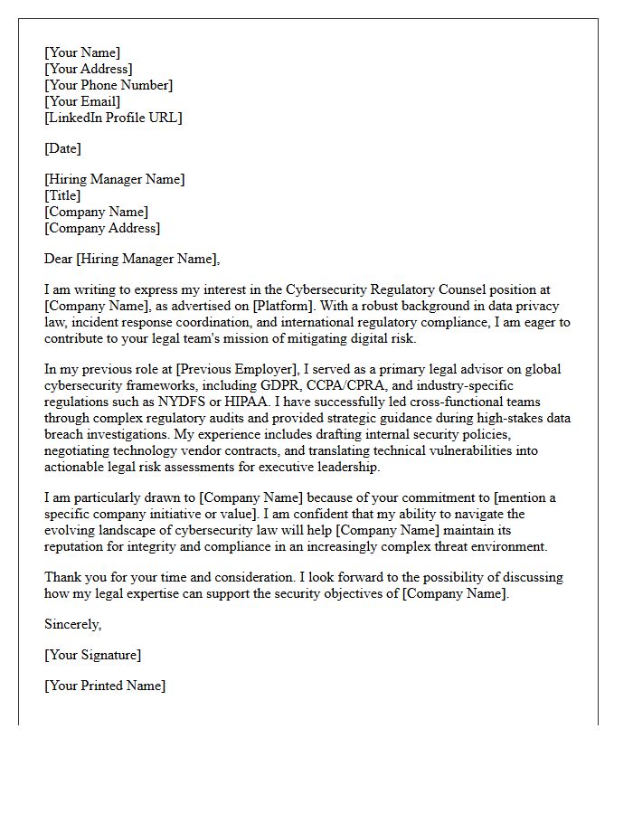 Cybersecurity Regulatory Counsel Cover Letter