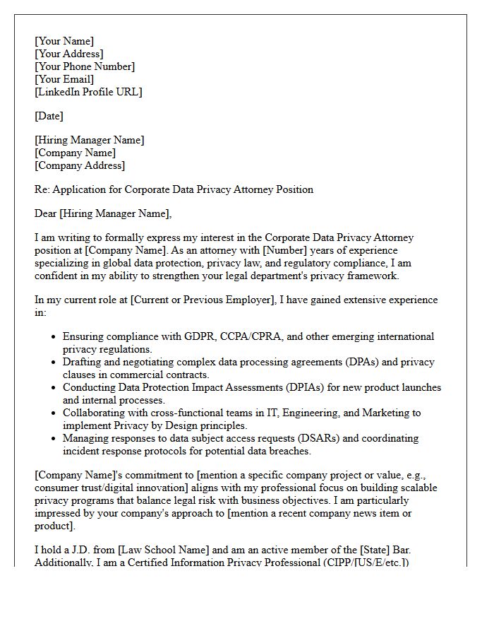 Corporate Data Privacy Attorney Application Letter