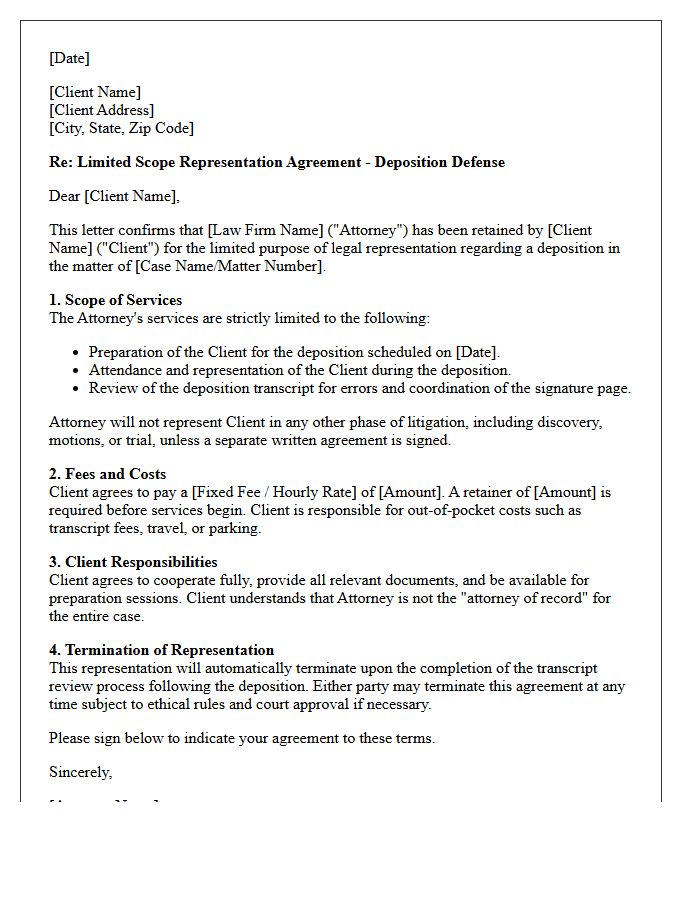 Deposition Defense Limited Scope Representation Engagement Letter