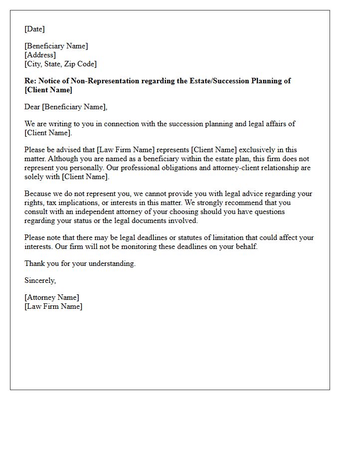 Law Firm Non-Engagement Letter To Succession Planning Beneficiary