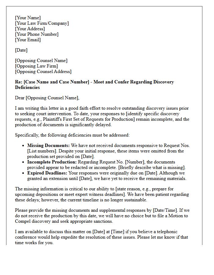 Meet and Confer Letter Addressing Missing Documents and Discovery Delays