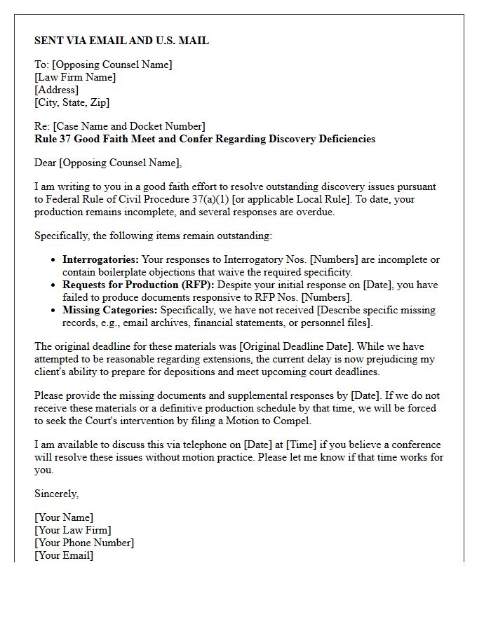 Rule 37 Good Faith Letter Regarding Incomplete Discovery and Document Production Delays
