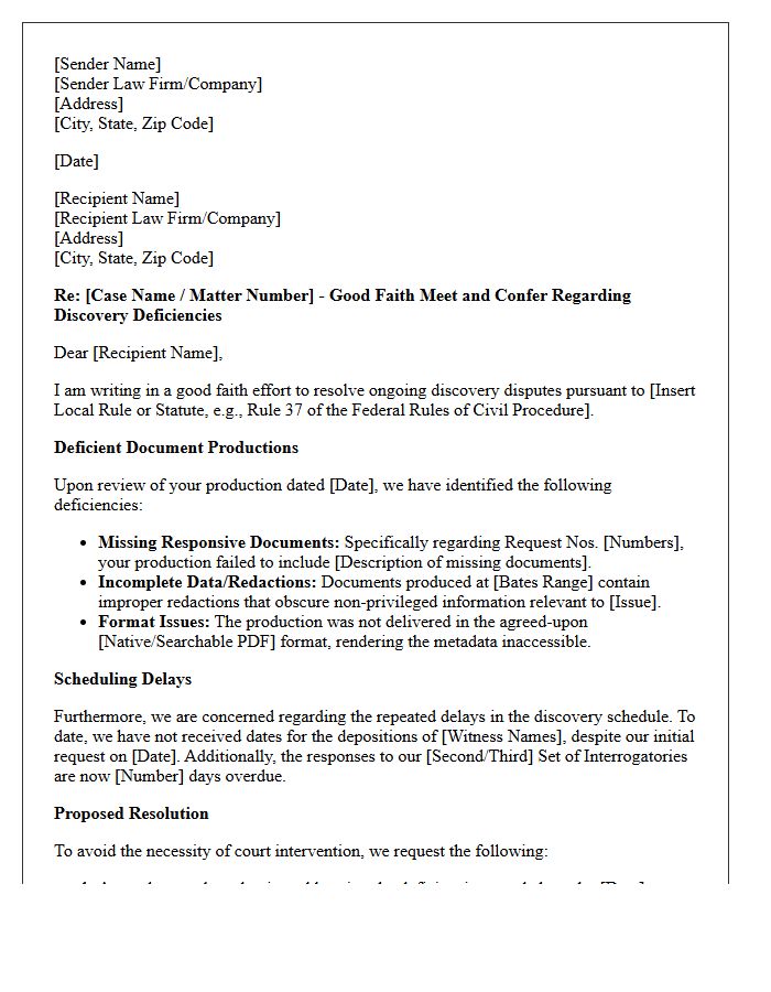 Good Faith Letter Outlining Deficient Document Productions and Scheduling Delays