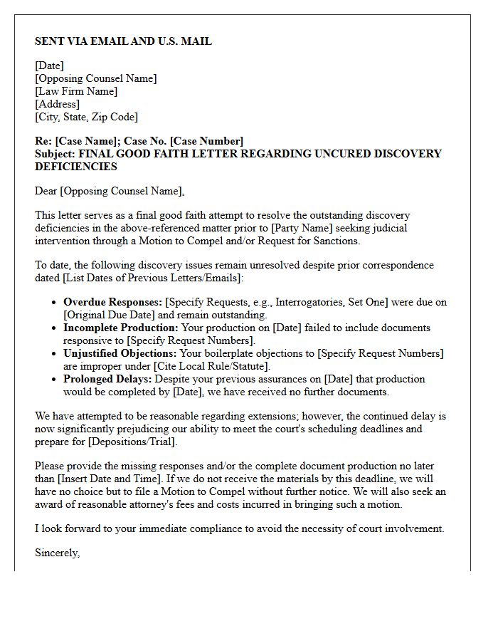 Final Good Faith Letter Regarding Uncured Discovery Deficiencies and Prolonged Production Delays