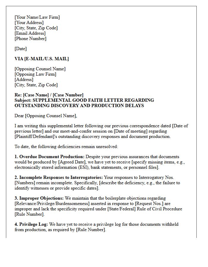 Supplemental Good Faith Letter Addressing Ongoing Discovery Deficiencies and Production Delays