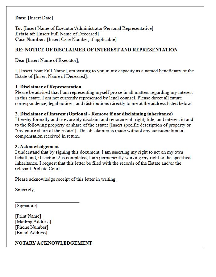 Estate Succession Beneficiary Representation Disclaimer Letter