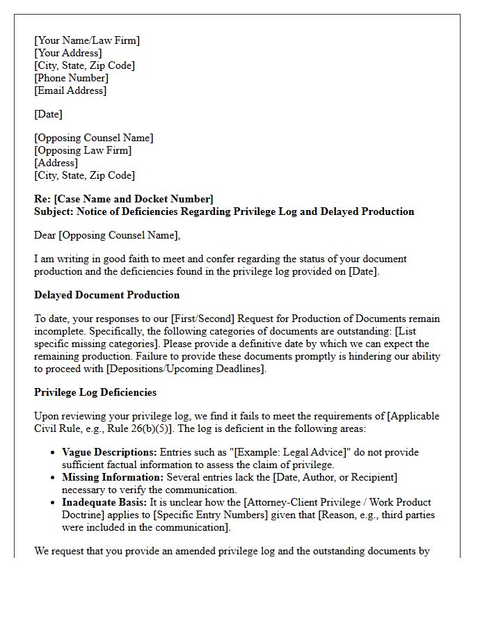 Good Faith Letter Regarding Privilege Log Deficiencies and Delayed Document Production