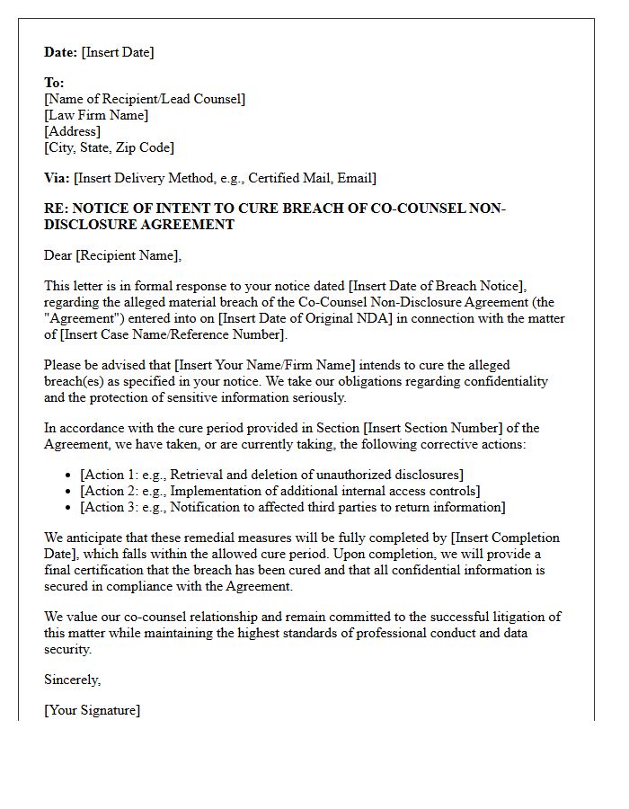 Notice of Intent to Cure Material Breach of Co-Counsel Non-Disclosure Agreement Letter