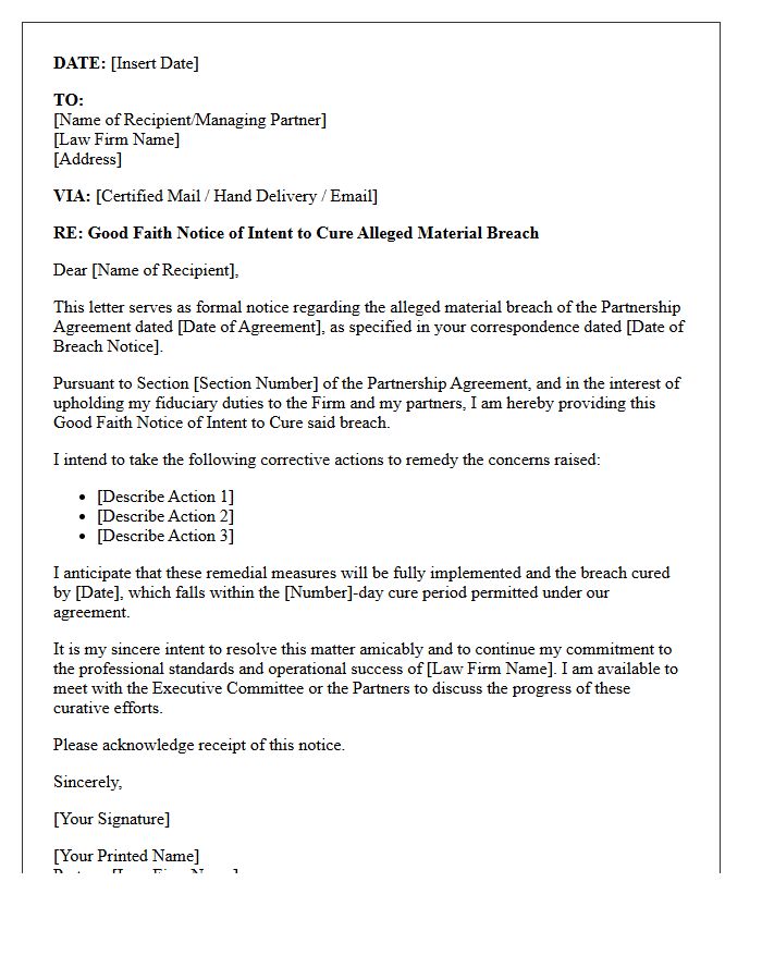 Good Faith Notice of Intent to Cure Material Breach Regarding Law Firm Partnership Duties Letter