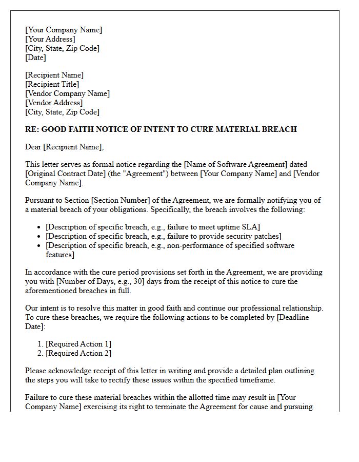 Good Faith Notice of Intent to Cure Material Breach of Legal Software Vendor Agreement Letter