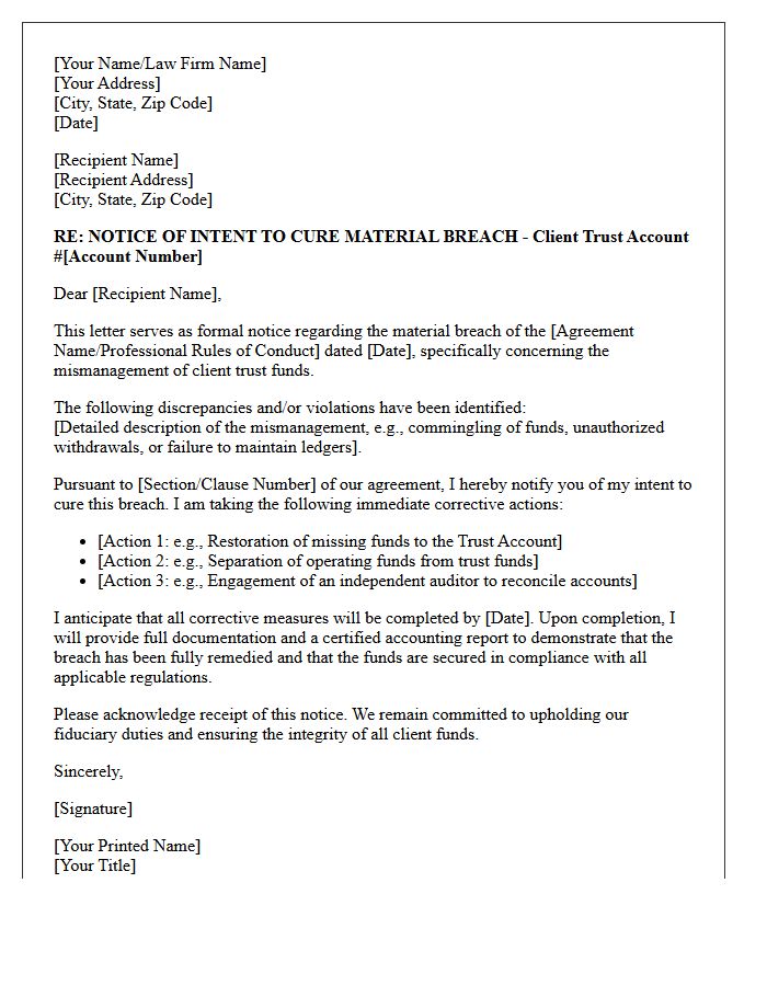 Notice of Intent to Cure Material Breach Regarding Mismanagement of Client Trust Funds Letter