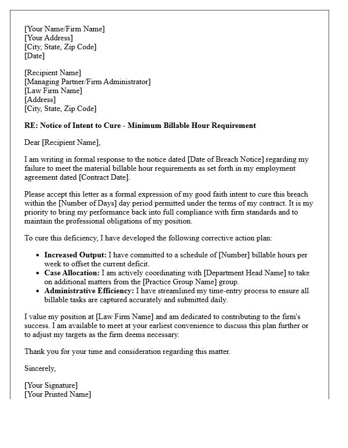 Good Faith Intent to Cure Material Breach of Contract Attorney Billable Hour Requirements Letter