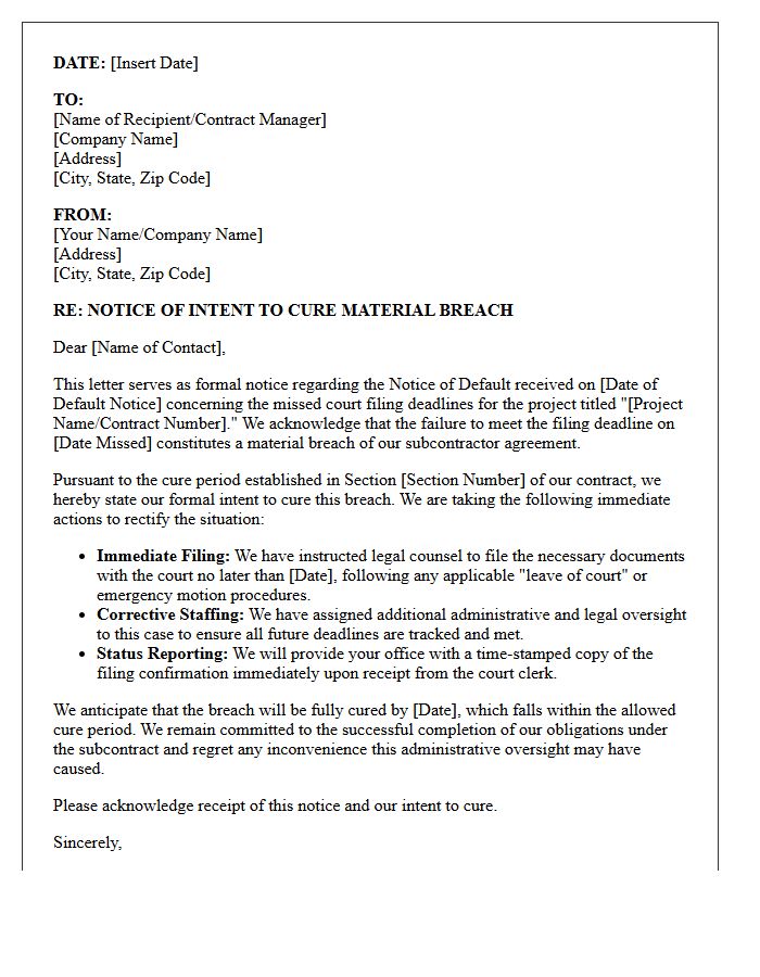 Notice of Intent to Cure Material Breach for Missed Subcontractor Court Filing Deadlines Letter